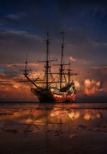 Ship, sea, sunset Wallpaper 1640x2360
