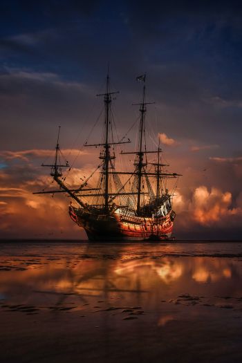 Ship, sea, sunset Wallpaper 640x960