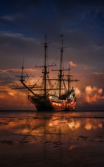 Ship, sea, sunset Wallpaper 1752x2800
