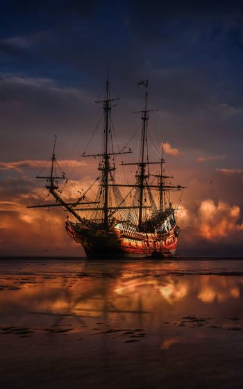 Ship, sea, sunset Wallpaper 1600x2560