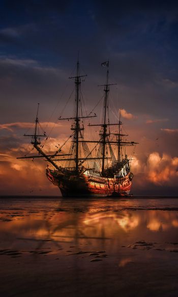 Ship, sea, sunset Wallpaper 1200x2000