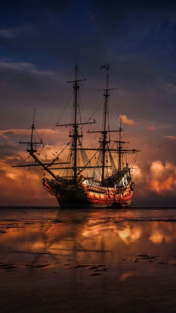 Ship, sea, sunset Wallpaper 1080x1920