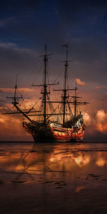 Ship, sea, sunset Wallpaper 720x1440