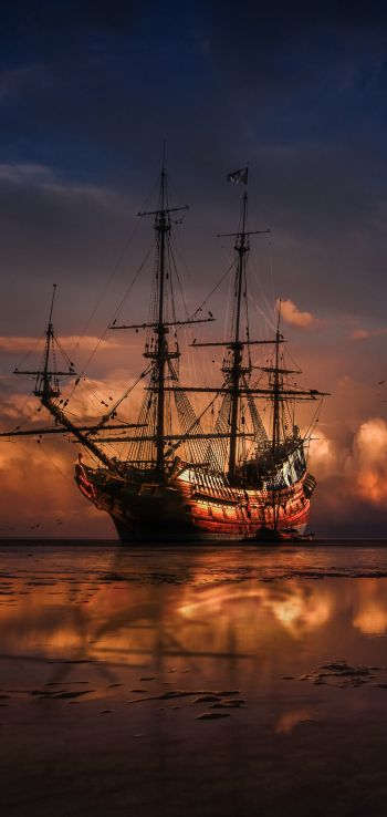 Ship, sea, sunset Wallpaper 1080x2280