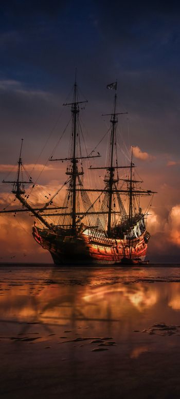 Ship, sea, sunset Wallpaper 1080x2400