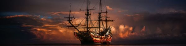 Ship, sea, sunset Wallpaper 1590x400