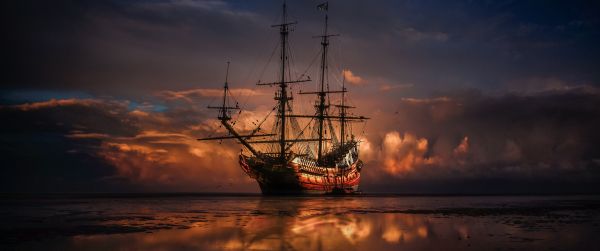 Ship, sea, sunset Wallpaper 3440x1440