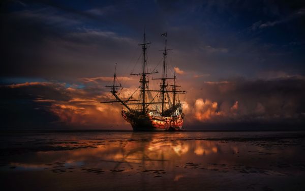 Ship, sea, sunset Wallpaper 1920x1200