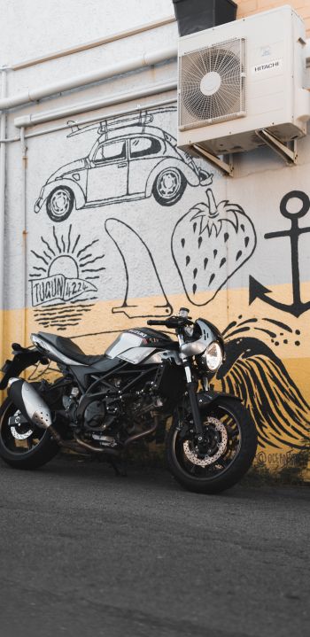 Motorcycle, graffiti, streets Wallpaper 1080x2220