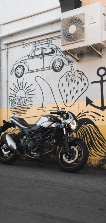 Motorcycle, graffiti, streets Wallpaper 1440x3040