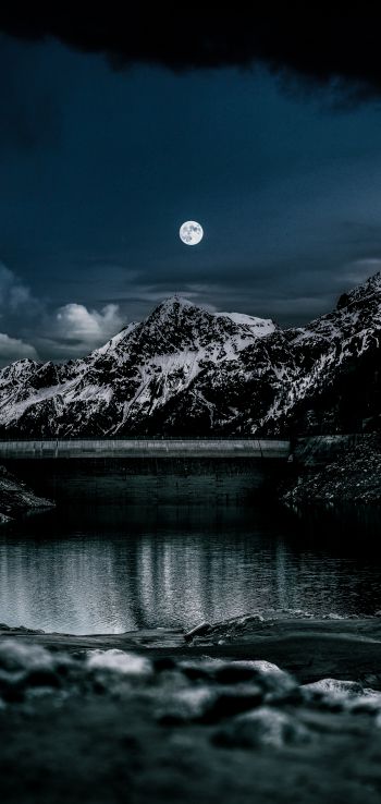 night, moon, lake Wallpaper 1440x3040