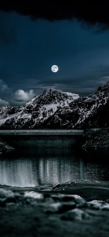 night, moon, lake Wallpaper 1284x2778