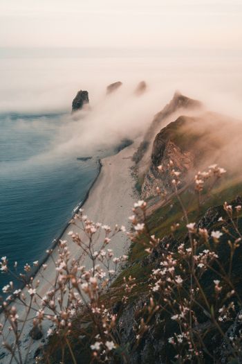 mountains, sea, fog Wallpaper 640x960