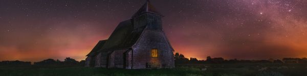 starry sky, house Wallpaper 1590x400