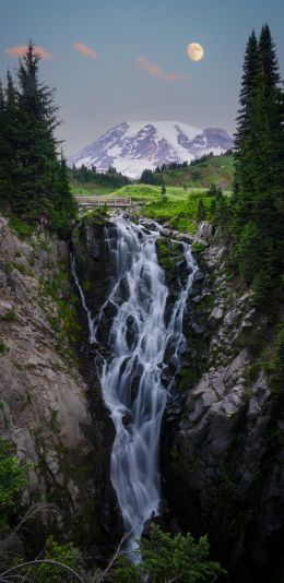 Обои 1080x2220 водопад, гора Рейнир, луна