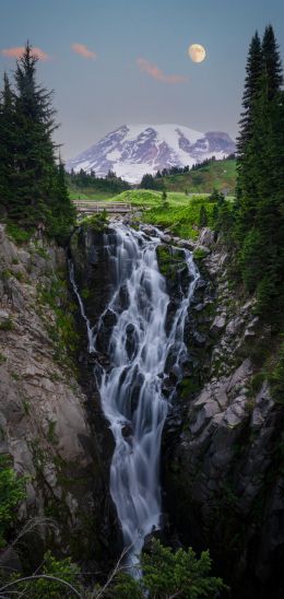 waterfall, mount Rainier, moon Wallpaper 720x1520
