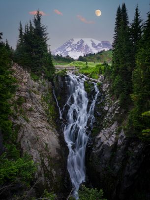 waterfall, mount Rainier, moon Wallpaper 1668x2224