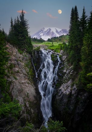 waterfall, mount Rainier, moon Wallpaper 1640x2360