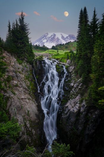 waterfall, mount Rainier, moon Wallpaper 640x960