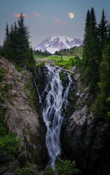 waterfall, mount Rainier, moon Wallpaper 1752x2800