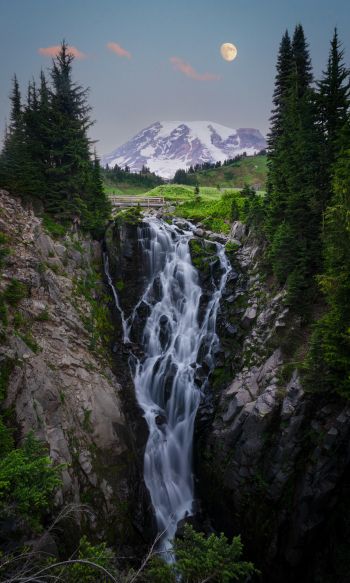 waterfall, mount Rainier, moon Wallpaper 1200x2000