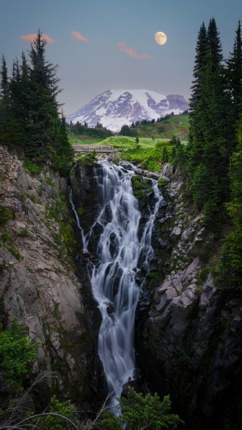 waterfall, mount Rainier, moon Wallpaper 640x1136