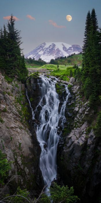 waterfall, mount Rainier, moon Wallpaper 720x1440