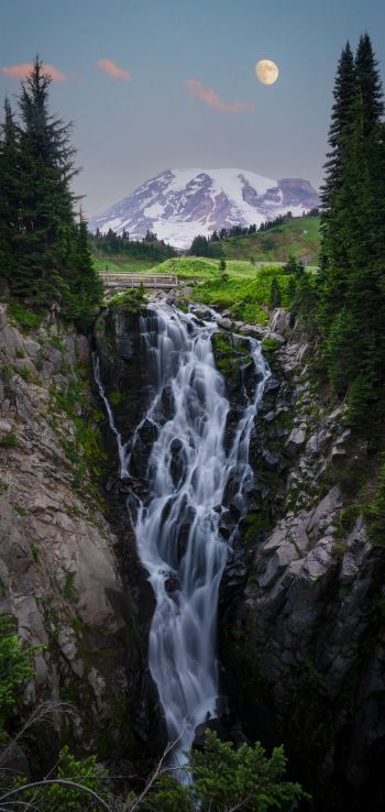 waterfall, mount Rainier, moon Wallpaper 1440x3040