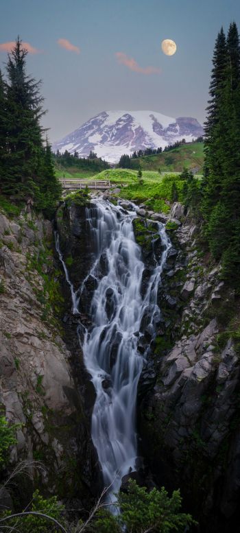 waterfall, mount Rainier, moon Wallpaper 1440x3200