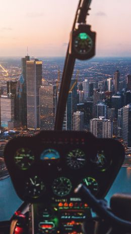 helicopter cockpit, skyscrapers, flight Wallpaper 1440x2560