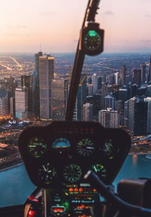 helicopter cockpit, skyscrapers, flight Wallpaper 1640x2360