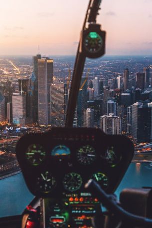 helicopter cockpit, skyscrapers, flight Wallpaper 640x960