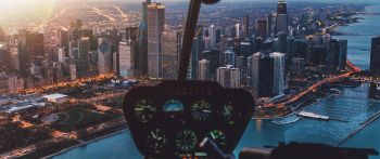 helicopter cockpit, skyscrapers, flight Wallpaper 2560x1080