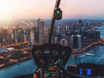 helicopter cockpit, skyscrapers, flight Wallpaper 1024x768