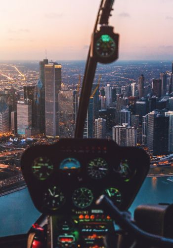 helicopter cockpit, skyscrapers, flight Wallpaper 1640x2360