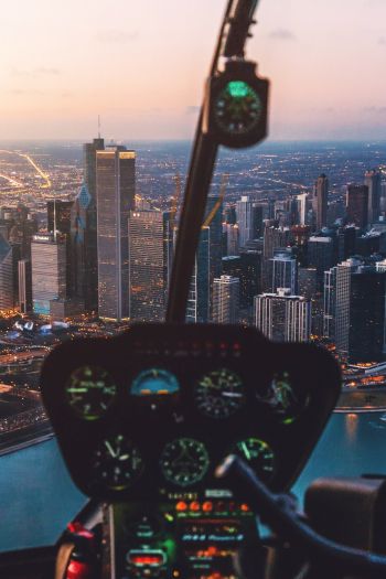 helicopter cockpit, skyscrapers, flight Wallpaper 640x960