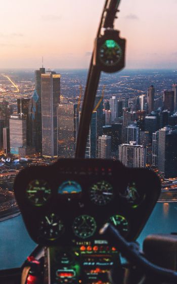 helicopter cockpit, skyscrapers, flight Wallpaper 1600x2560
