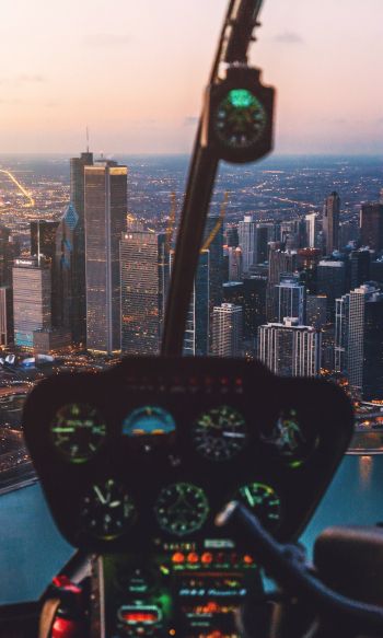 helicopter cockpit, skyscrapers, flight Wallpaper 1200x2000