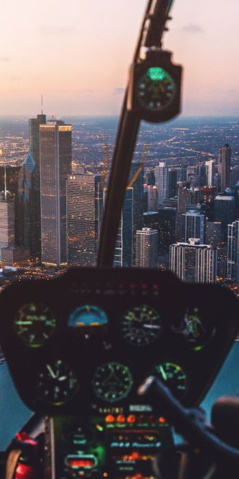 helicopter cockpit, skyscrapers, flight Wallpaper 720x1440