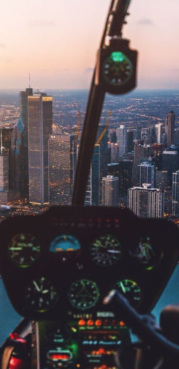 helicopter cockpit, skyscrapers, flight Wallpaper 1080x2220
