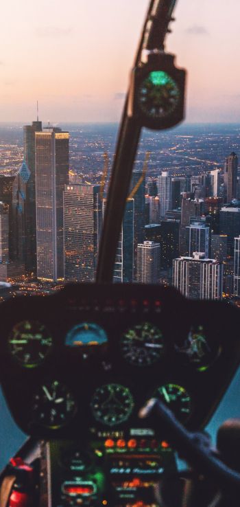 helicopter cockpit, skyscrapers, flight Wallpaper 1080x2280