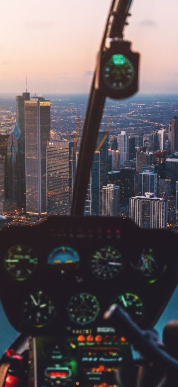 helicopter cockpit, skyscrapers, flight Wallpaper 1170x2532