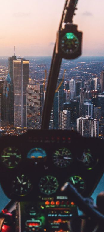 helicopter cockpit, skyscrapers, flight Wallpaper 1080x2400