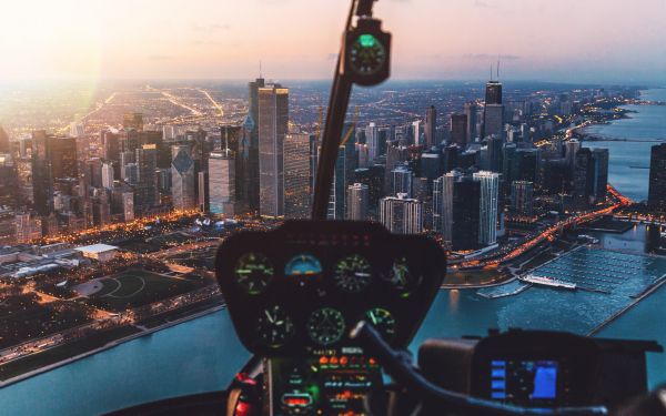 helicopter cockpit, skyscrapers, flight Wallpaper 2560x1600