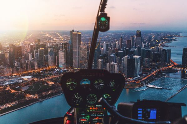 helicopter cockpit, skyscrapers, flight Wallpaper 4094x2730