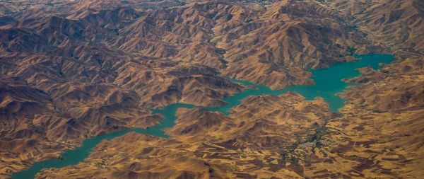 mountains, river, bird's eye view Wallpaper 2560x1080