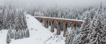 bridge, winter, snow Wallpaper 3440x1440