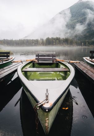 boat, lake, fog, mountains Wallpaper 1640x2360