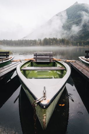 boat, lake, fog, mountains Wallpaper 3824x5736