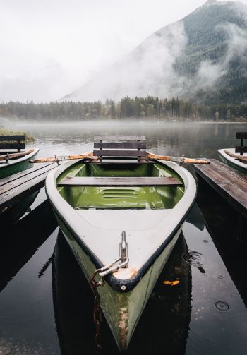 boat, lake, fog, mountains Wallpaper 1640x2360